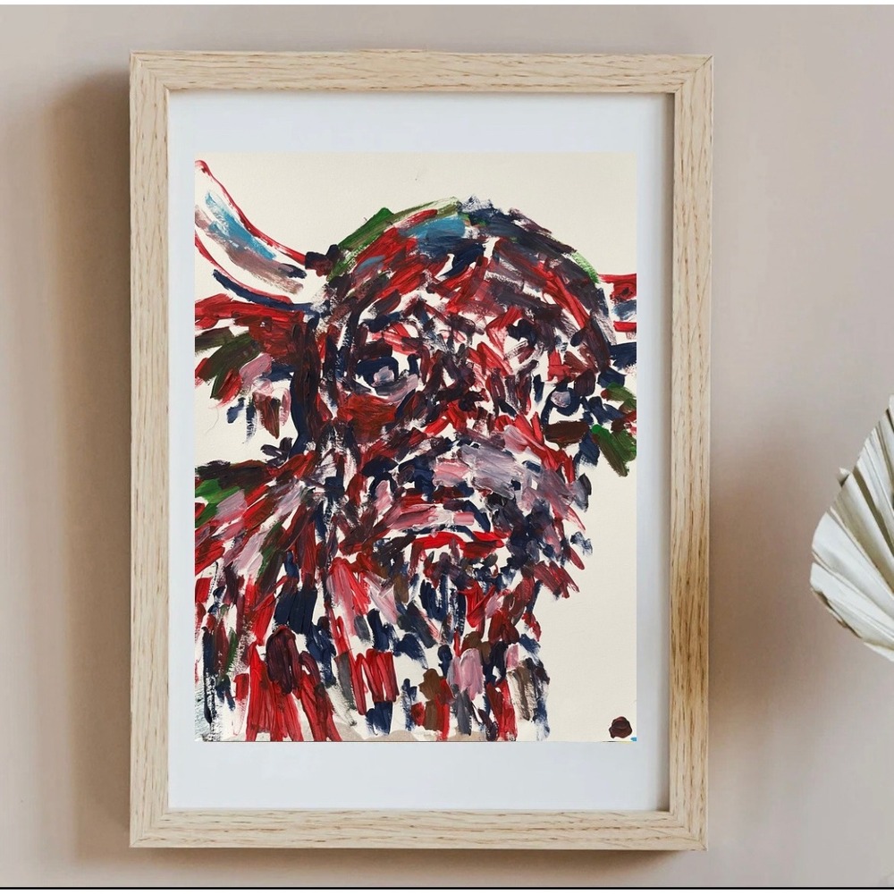 OMAN Crimson Highland Cow Original Painting 11x14 Abstract Expressionist Art